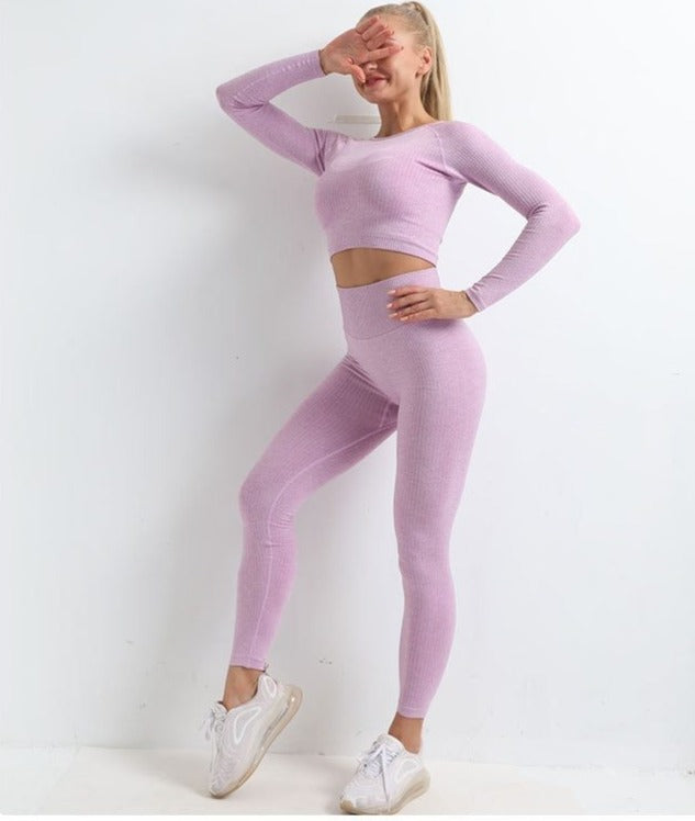 Autumn Seamless Yoga Set Women Gym Clothes Solid Long Sleeve Crop Top Leggings Tracksuit Workout Push Up Sports Fitness 2 Piece | Vimost Shop.