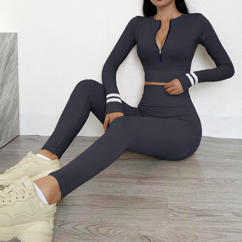Seamless Sportswear Yoga Set Gym Fitness Tracksuit Striped Long Sleeve Zipper Top Hips Lifting Leggings Running Traning 2 Piece | Vimost Shop.