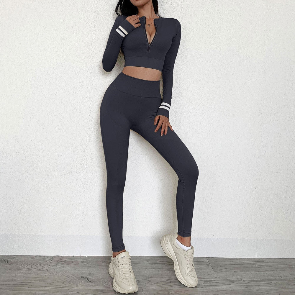 Seamless Sportswear Yoga Set Gym Fitness Tracksuit Striped Long Sleeve Zipper Top Hips Lifting Leggings Running Traning 2 Piece | Vimost Shop.