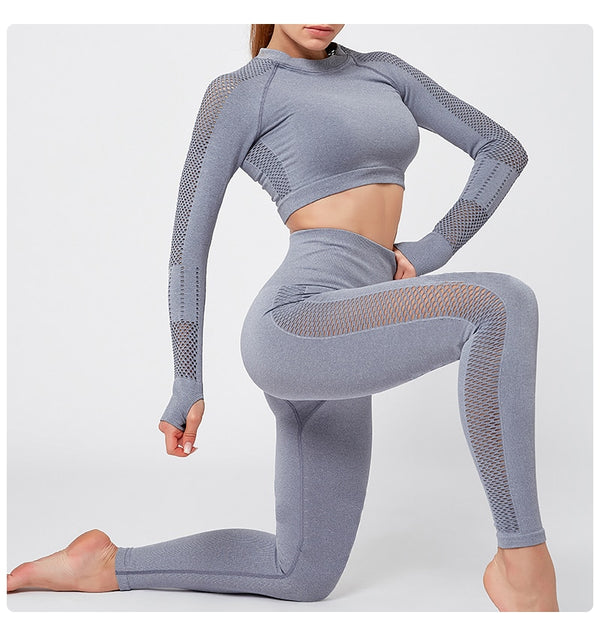 Seamless Sportswear Yoga Set Gym Fitness Tracksuit Hollow Out Long Sleeve Top Hips Lifting Leggings Running Traning 2 Piece | Vimost Shop.