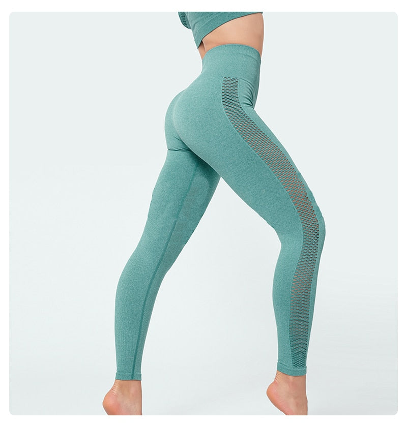 Seamless Sportswear Yoga Set Gym Fitness Tracksuit Hollow Out Long Sleeve Top Hips Lifting Leggings Running Traning 2 Piece | Vimost Shop.
