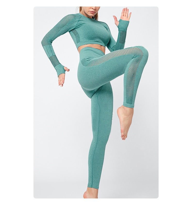 Seamless Sportswear Yoga Set Gym Fitness Tracksuit Hollow Out Long Sleeve Top Hips Lifting Leggings Running Traning 2 Piece | Vimost Shop.