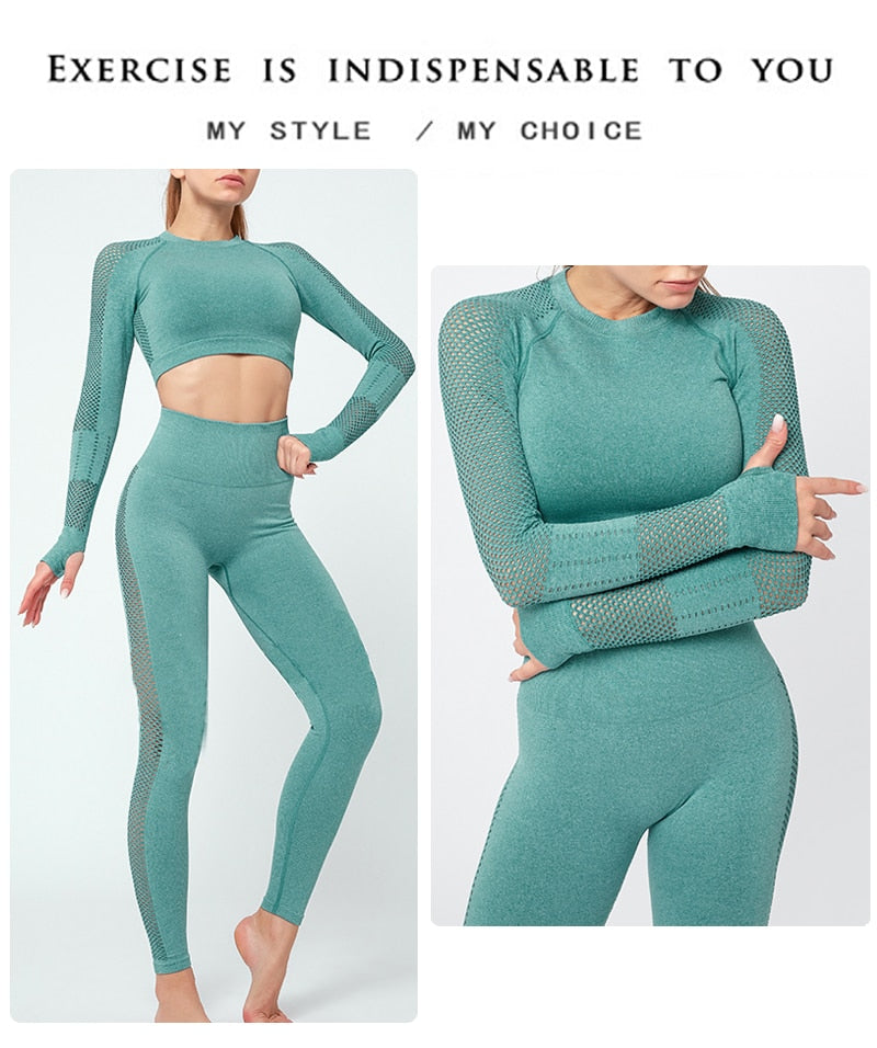 Seamless Sportswear Yoga Set Gym Fitness Tracksuit Hollow Out Long Sleeve Top Hips Lifting Leggings Running Traning 2 Piece | Vimost Shop.