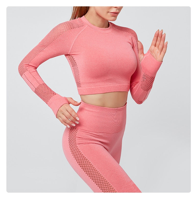 Seamless Sportswear Yoga Set Gym Fitness Tracksuit Hollow Out Long Sleeve Top Hips Lifting Leggings Running Traning 2 Piece | Vimost Shop.
