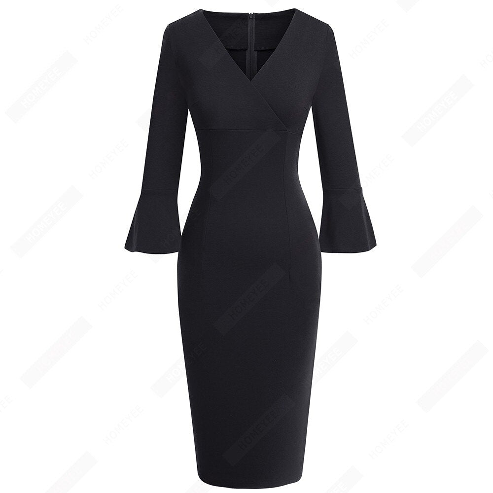 Women Sexy Deep V neck Elegant Horn sleeve Dress Business Slim Brief Pencil Dress | Vimost Shop.