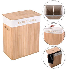 Folding Double Rectangle Bamboo Hamper Laundry Basket Withdrawable Inside Liner Thickened Lid with PU Leather Handle | Vimost Shop.