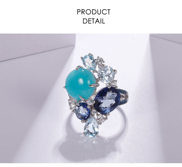 925 Sterling Silver Statement Rings Natural Amazonyte Blue Topaz Gemstone Candy Ring for Women Fine Jewelry | Vimost Shop.