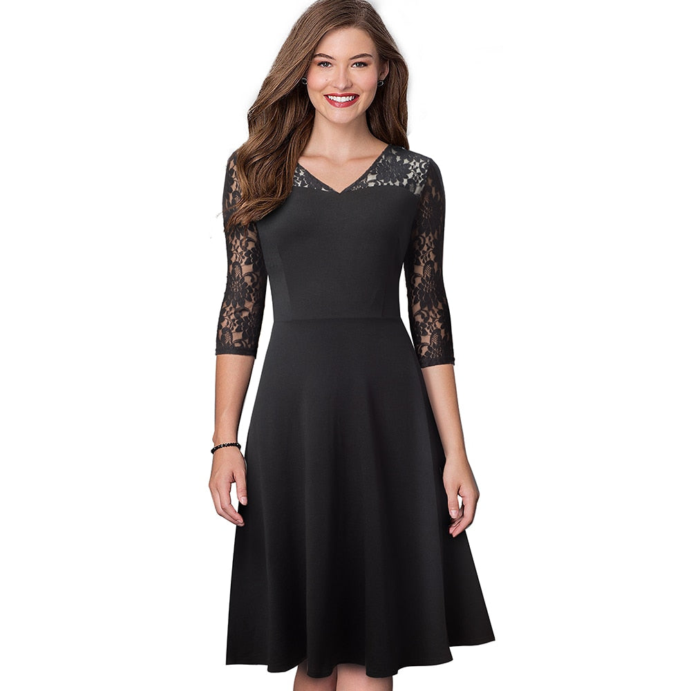 Women Sexy Chic Lace Patchwork Elegant Dress Casual Swing Party Retro Dress | Vimost Shop.