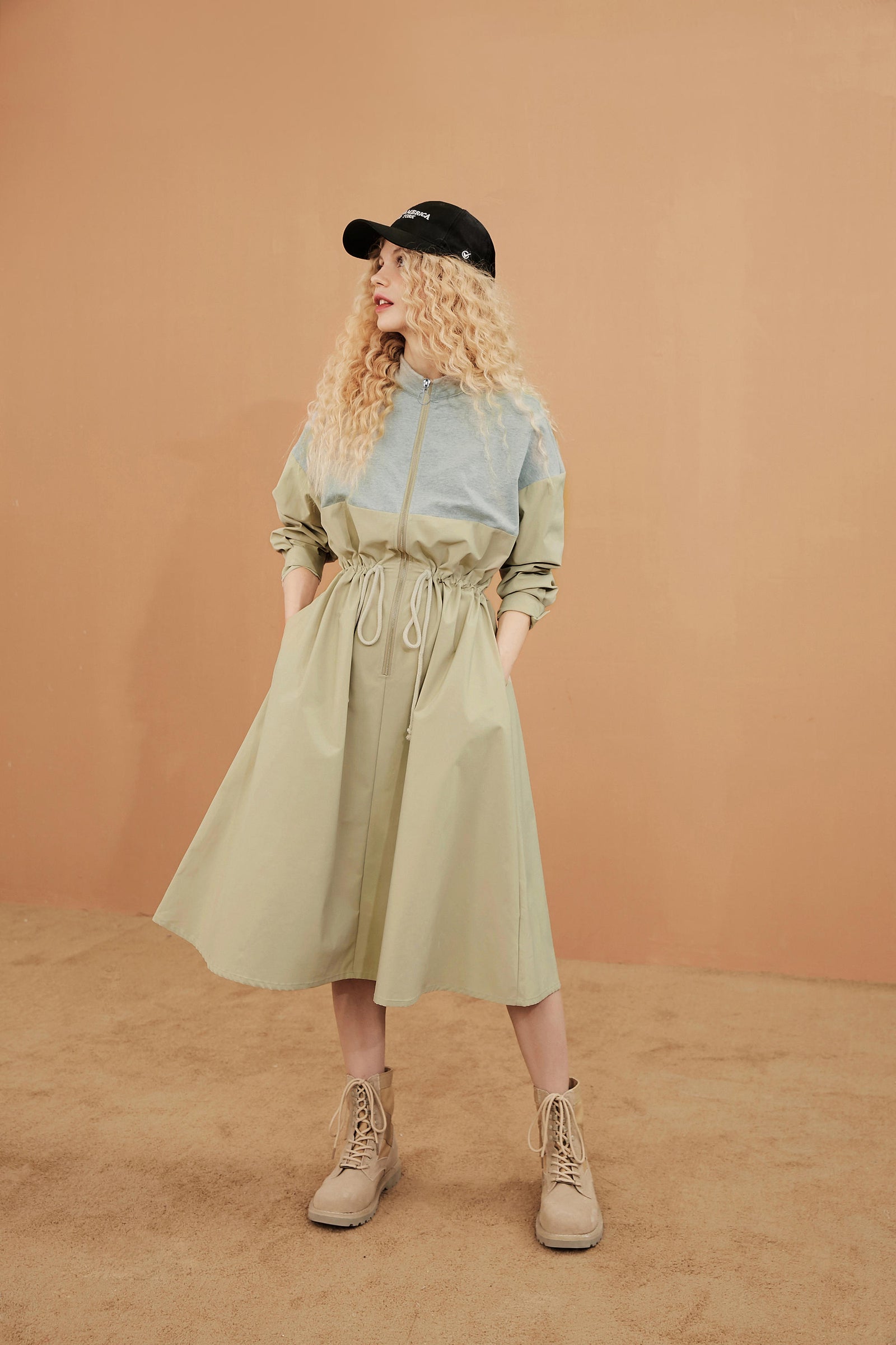 Khaki Colorblock Patchwork Casual Safari Dress Women Autumn Korean Ladies Daily Dress | Vimost Shop.