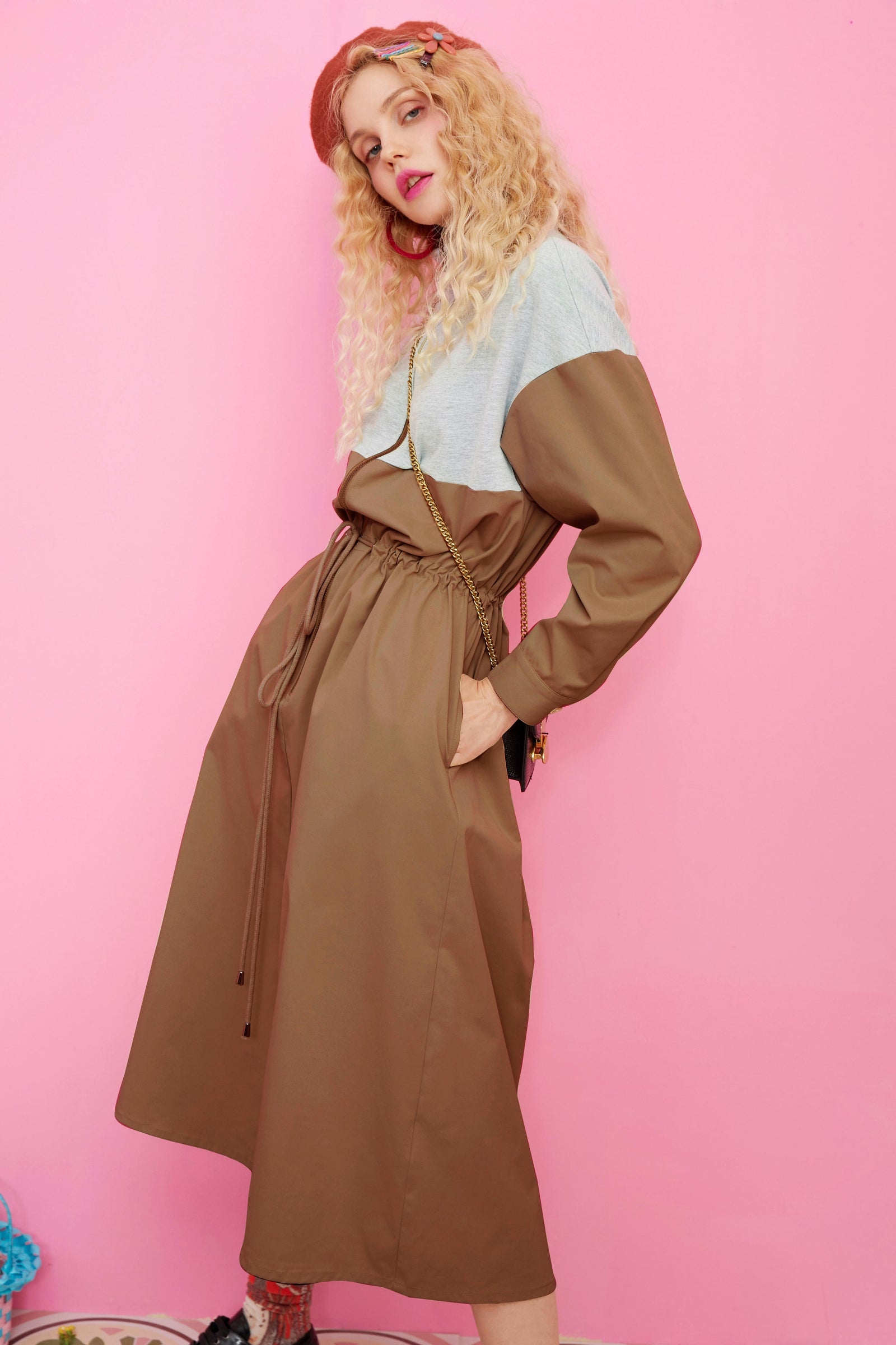 Khaki Colorblock Patchwork Casual Safari Dress Women Autumn Korean Ladies Daily Dress | Vimost Shop.
