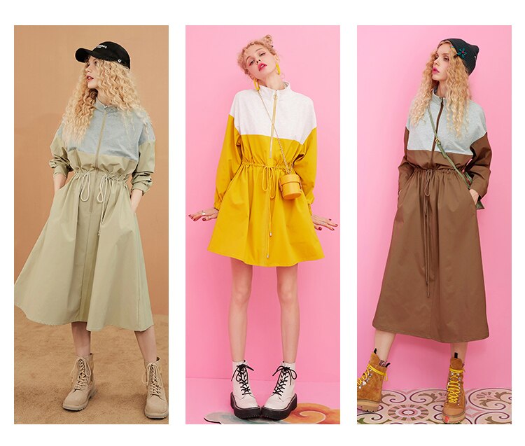 Khaki Colorblock Patchwork Casual Safari Dress Women Autumn Korean Ladies Daily Dress | Vimost Shop.