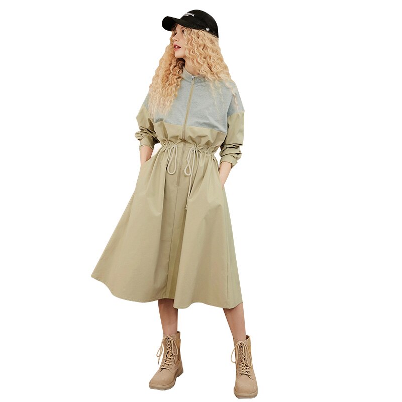 Khaki Colorblock Patchwork Casual Safari Dress Women Autumn Korean Ladies Daily Dress | Vimost Shop.