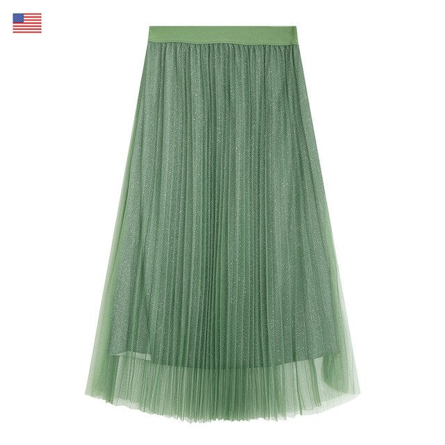 Local Delivery Contrast Mesh Women Skirts  Autumn Mid Waist Casual Female Skirt Daily Pleated Skirts | Vimost Shop.