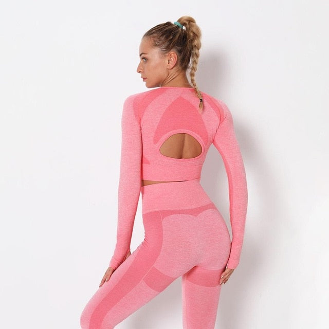 Seamless Patchwork Yoga Set Gym Clothing Fashion Long Sleeve Top Leggings Suit Push Up Workout Training Running Sports Tracksuit | Vimost Shop.