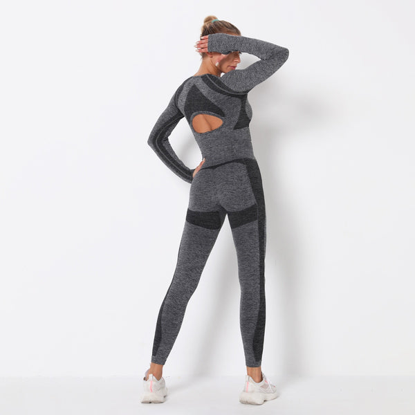 Seamless Patchwork Yoga Set Gym Clothing Fashion Long Sleeve Top Leggings Suit Push Up Workout Training Running Sports Tracksuit | Vimost Shop.