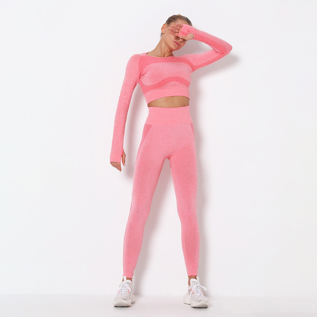 Seamless Patchwork Yoga Set Gym Clothing Fashion Long Sleeve Top Leggings Suit Push Up Workout Training Running Sports Tracksuit | Vimost Shop.