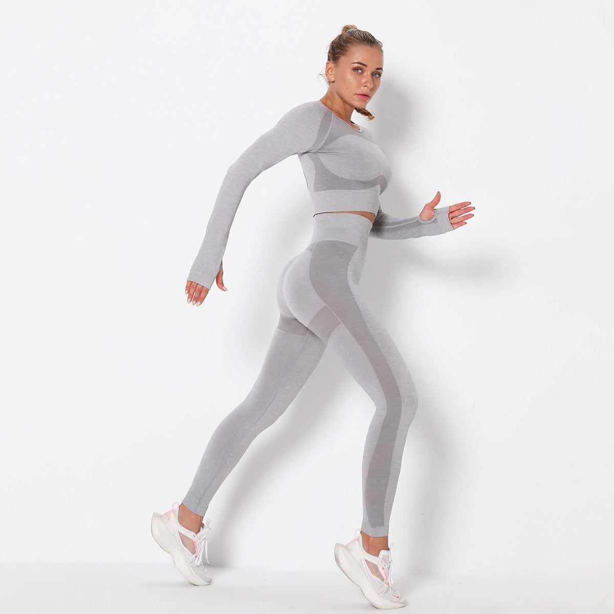 Seamless Patchwork Yoga Set Gym Clothing Fashion Long Sleeve Top Leggings Suit Push Up Workout Training Running Sports Tracksuit | Vimost Shop.