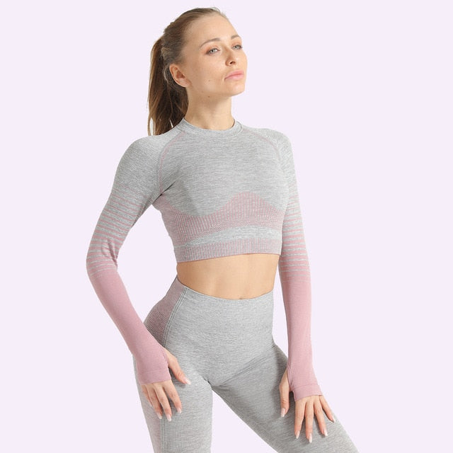 Seamless Women Yoga Set Long Sleeve Top Shirts High Waist Belly Control Sport Leggings Tights Gym Clothes Seamless Sport Suit | Vimost Shop.