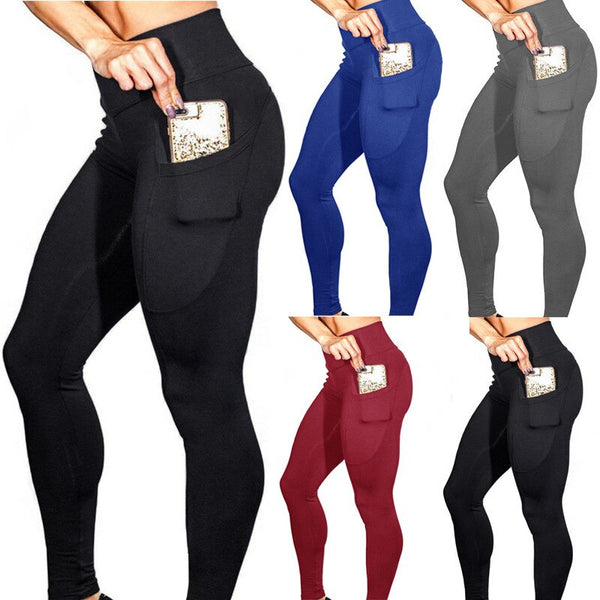 Solid Yoga Leggings With Pockets Fashion Push Up Workout Fitness Gym Running Trousers High Elastics High Waist Casual Pants | Vimost Shop.