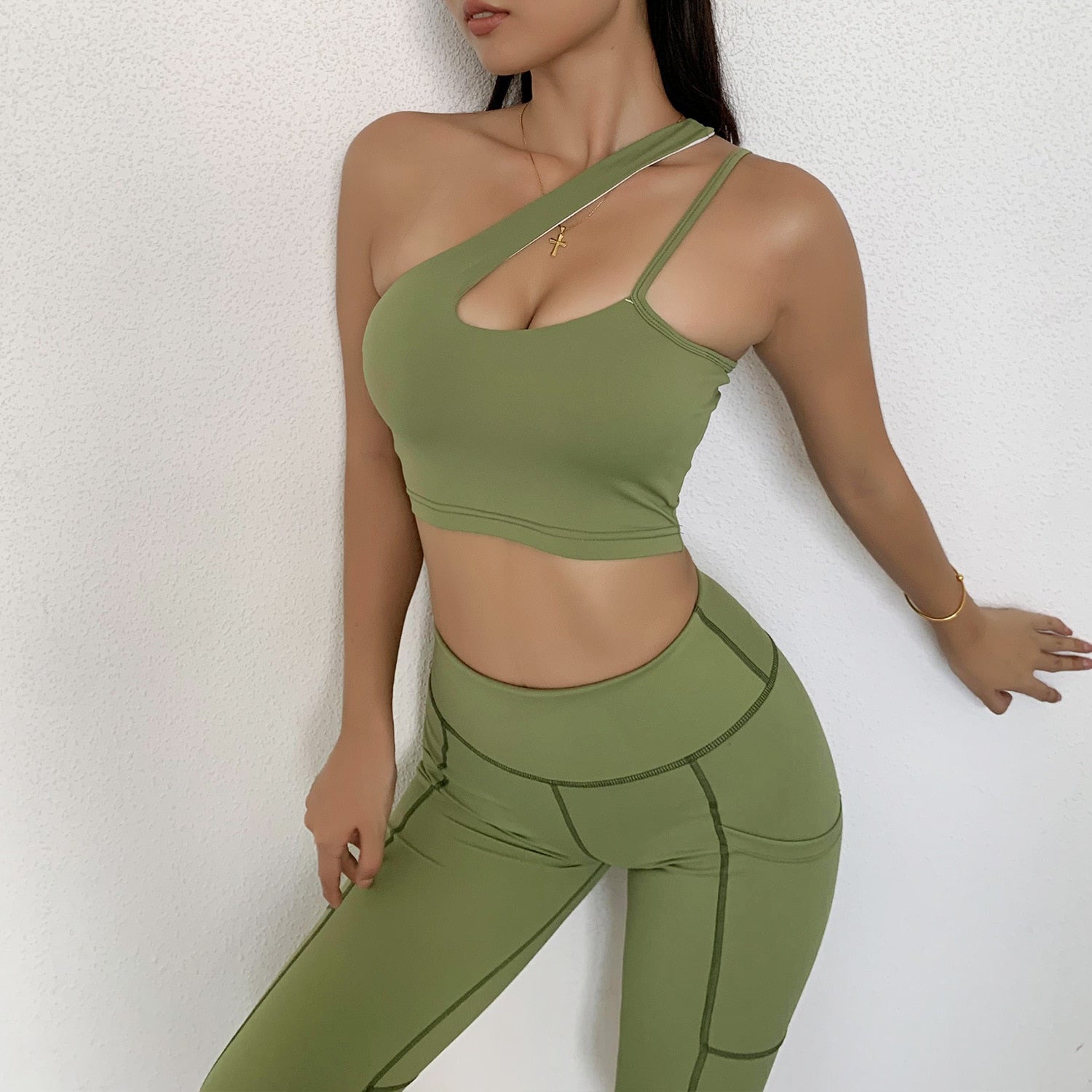 Seamless Yoga Gym Set Women Tracksuit Fitness Clothing Sportswear Padded Push-up Sports One Shoulder Bra Leggings Workout Set | Vimost Shop.