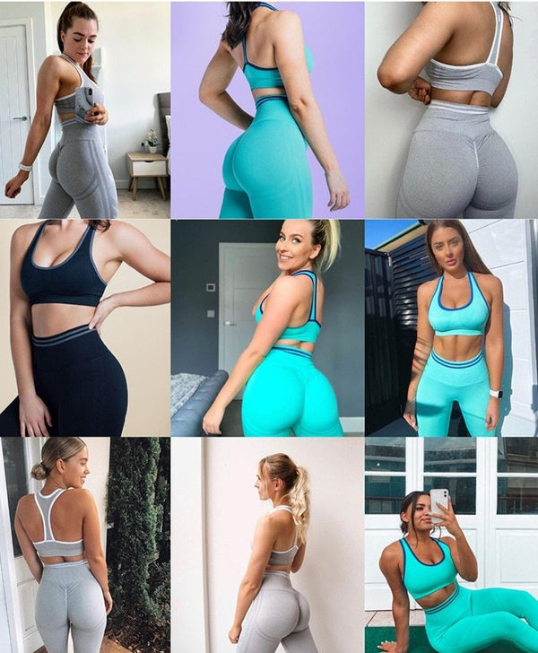 Seamless Striped Yoga Gym Tracksuit Workout Sports Push Up Jogging Two Piece Tank Crop Top Hips Lifting Leggings Outdoor Set | Vimost Shop.