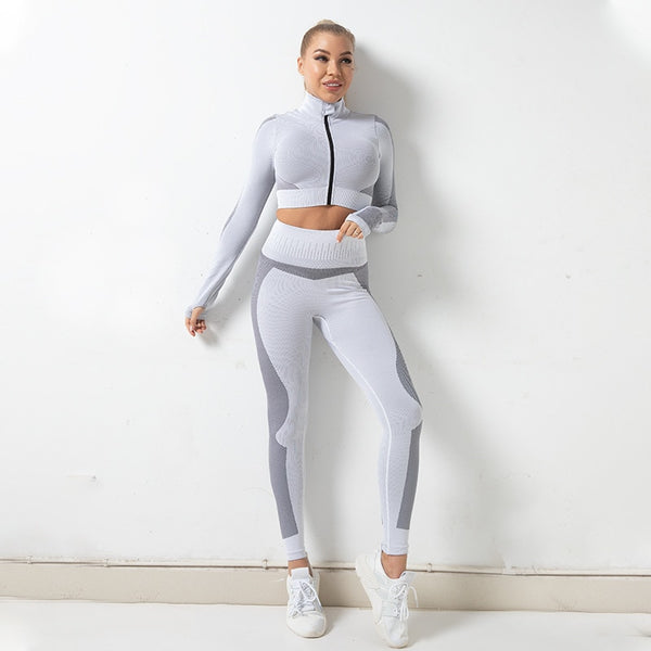 Sportswear Striped Patchwork Yoga Set S - 2XL Gym Fitness Tracksuit Long Sleeve Zipper Coat High Elastics Leggings Outdoor Suit | Vimost Shop.
