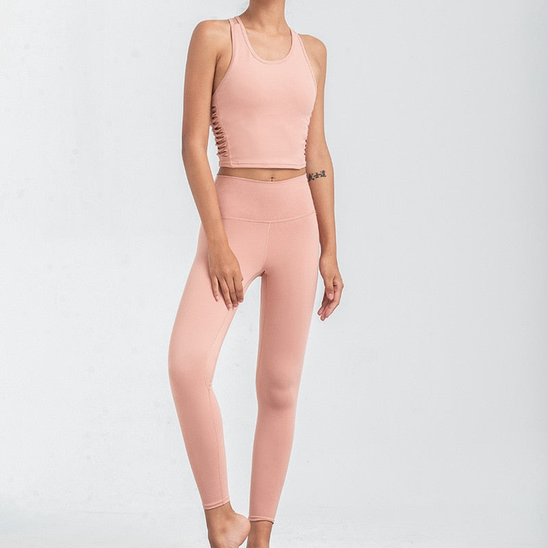 Solid Seamless Gym Yoga Suit Fashion Tank Beauty Back Top Leggings Fitness Push Up Running Sports Dance Training Two Piece Set | Vimost Shop.