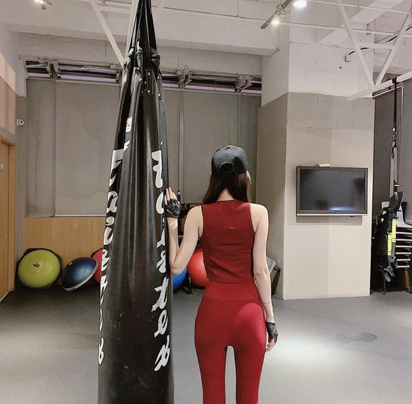 Seamless Sportswear Yoga 2 PCS Set GYM Fitness Sports Tracksuit Ribbed Tank Top Hips Lifting Leggings Two Piece Set | Vimost Shop.