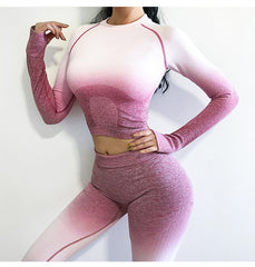 Women Yoga Set Gym Clothing Ombre Seamless Gradient Leggings+Long sleeve Top Workout Sport Suit Women Fitness Set Active Wear | Vimost Shop.