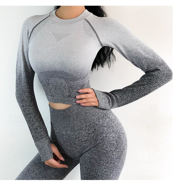 Women Yoga Set Gym Clothing Ombre Seamless Gradient Leggings+Long sleeve Top Workout Sport Suit Women Fitness Set Active Wear | Vimost Shop.