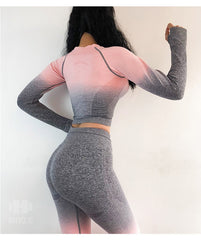 Women Yoga Set Gym Clothing Ombre Seamless Gradient Leggings+Long sleeve Top Workout Sport Suit Women Fitness Set Active Wear | Vimost Shop.