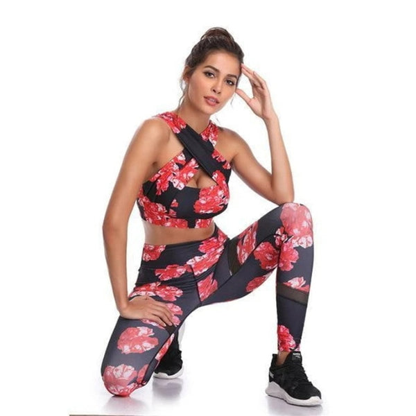 Sportswear Floral Print Yoga Set Women Gym Clothes Twist Sleeveless Crop Top Hips Up Pantalones Suit Outdoor Sports Fitness Suit | Vimost Shop.