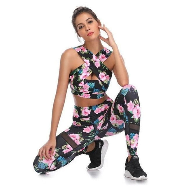 Sportswear Floral Print Yoga Set Women Gym Clothes Twist Sleeveless Crop Top Hips Up Pantalones Suit Outdoor Sports Fitness Suit | Vimost Shop.