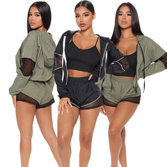 Autumn Sheer Mesh Patchwork Hooded Three Piece Set Women Sports Clothing Long Sleeve Zipper Jacket And Shorts Suit Running Set | Vimost Shop.