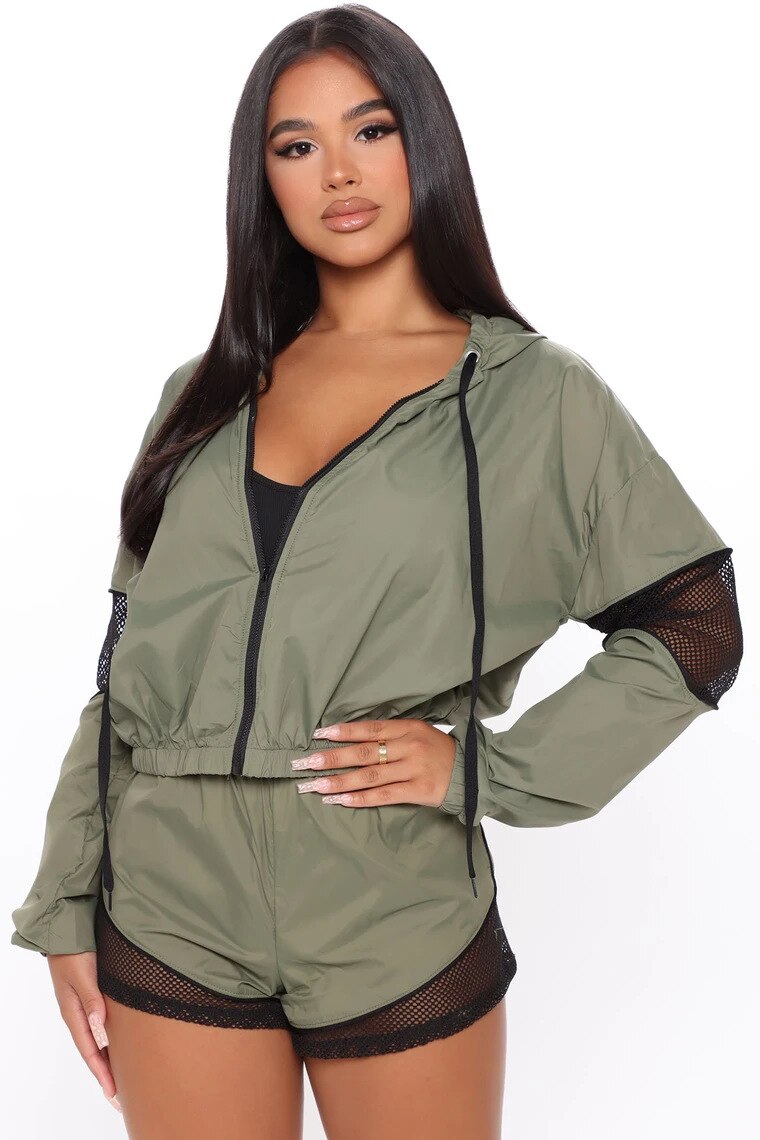 Autumn Sheer Mesh Patchwork Hooded Three Piece Set Women Sports Clothing Long Sleeve Zipper Jacket And Shorts Suit Running Set | Vimost Shop.