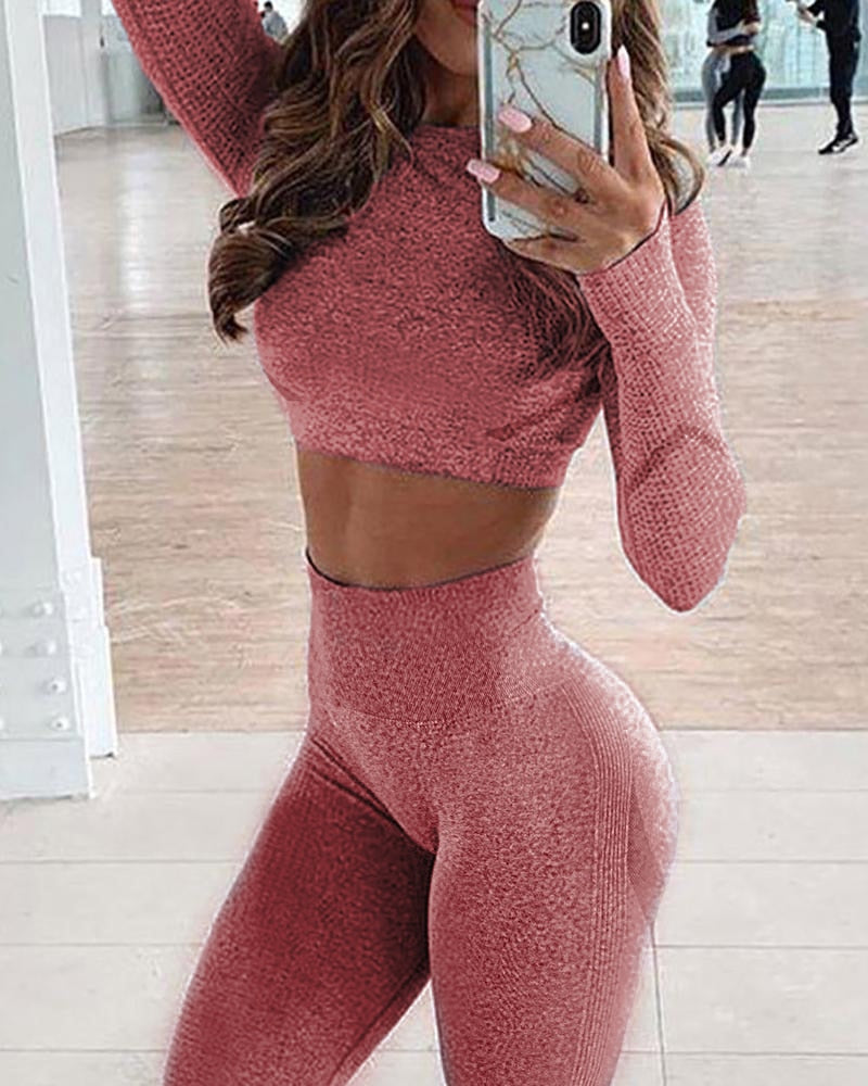 2pcs Yoga Set Women Long Sleeve Shirts Active Tracksuit Sport Suits Workout Clothes Gym Fitness Crop Top + Push Up Leggings | Vimost Shop.
