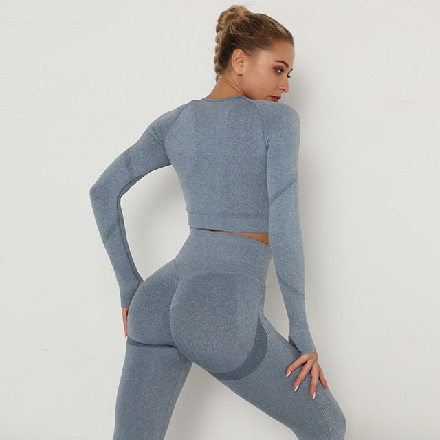 2pcs Yoga Set Women Long Sleeve Shirts Active Tracksuit Sport Suits Workout Clothes Gym Fitness Crop Top + Push Up Leggings | Vimost Shop.