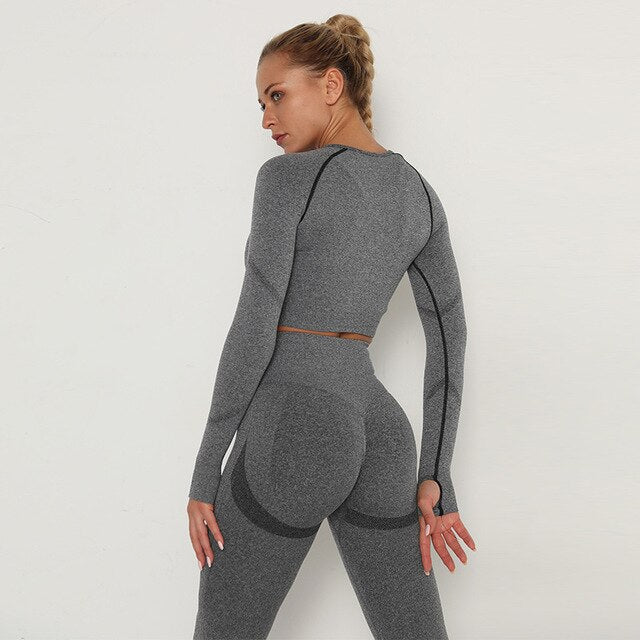 2pcs Yoga Set Women Long Sleeve Shirts Active Tracksuit Sport Suits Workout Clothes Gym Fitness Crop Top + Push Up Leggings | Vimost Shop.