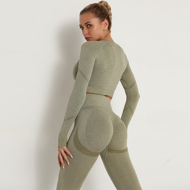2pcs Yoga Set Women Long Sleeve Shirts Active Tracksuit Sport Suits Workout Clothes Gym Fitness Crop Top + Push Up Leggings | Vimost Shop.