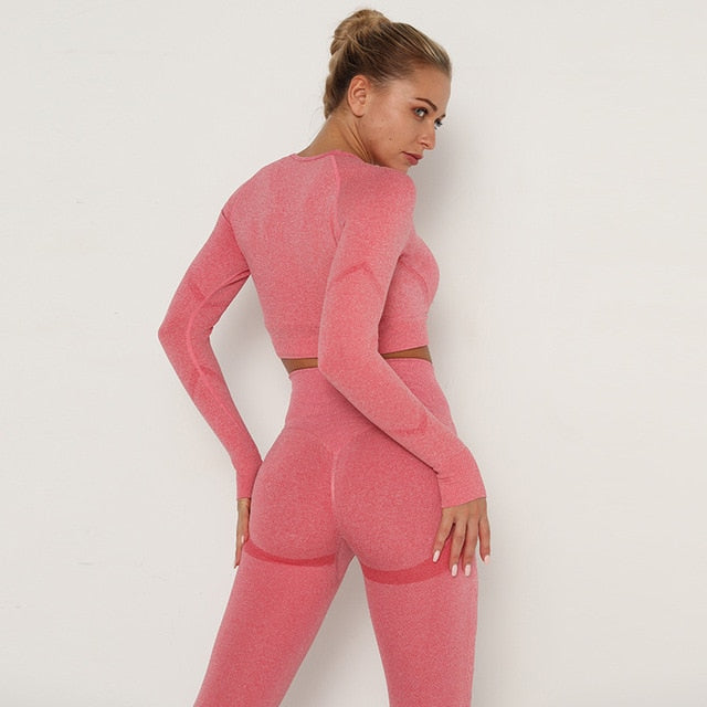 2pcs Yoga Set Women Long Sleeve Shirts Active Tracksuit Sport Suits Workout Clothes Gym Fitness Crop Top + Push Up Leggings | Vimost Shop.