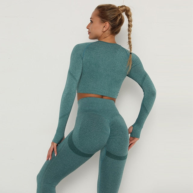 2pcs Yoga Set Women Long Sleeve Shirts Active Tracksuit Sport Suits Workout Clothes Gym Fitness Crop Top + Push Up Leggings | Vimost Shop.
