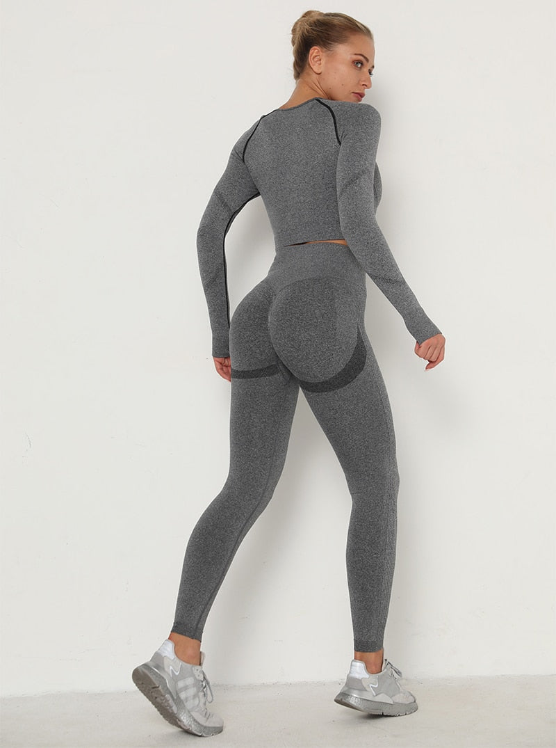 2pcs Yoga Set Women Long Sleeve Shirts Active Tracksuit Sport Suits Workout Clothes Gym Fitness Crop Top + Push Up Leggings | Vimost Shop.