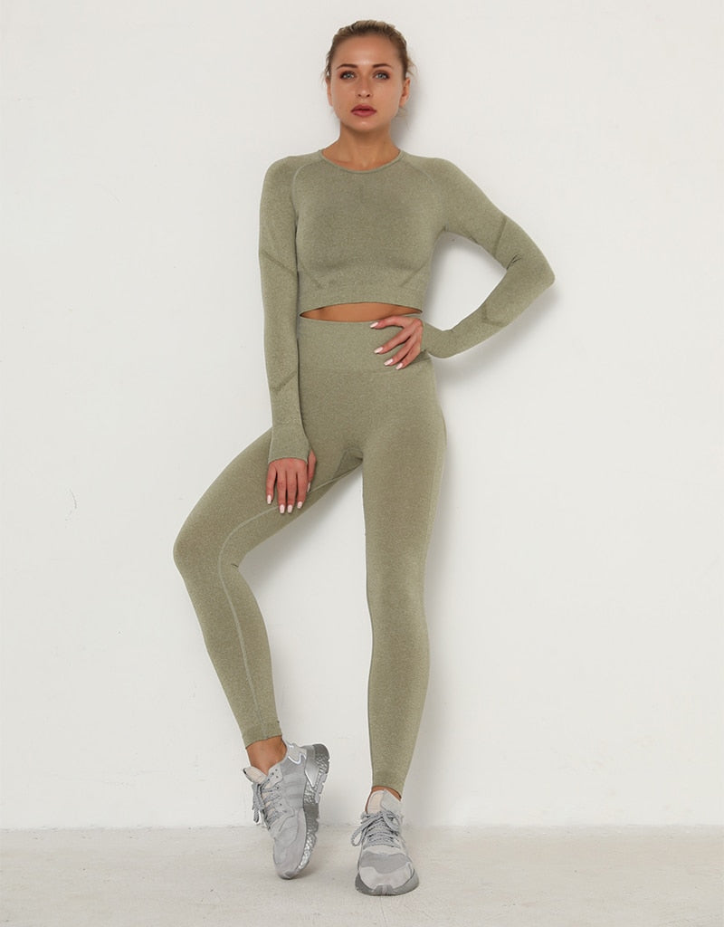 2pcs Yoga Set Women Long Sleeve Shirts Active Tracksuit Sport Suits Workout Clothes Gym Fitness Crop Top + Push Up Leggings | Vimost Shop.