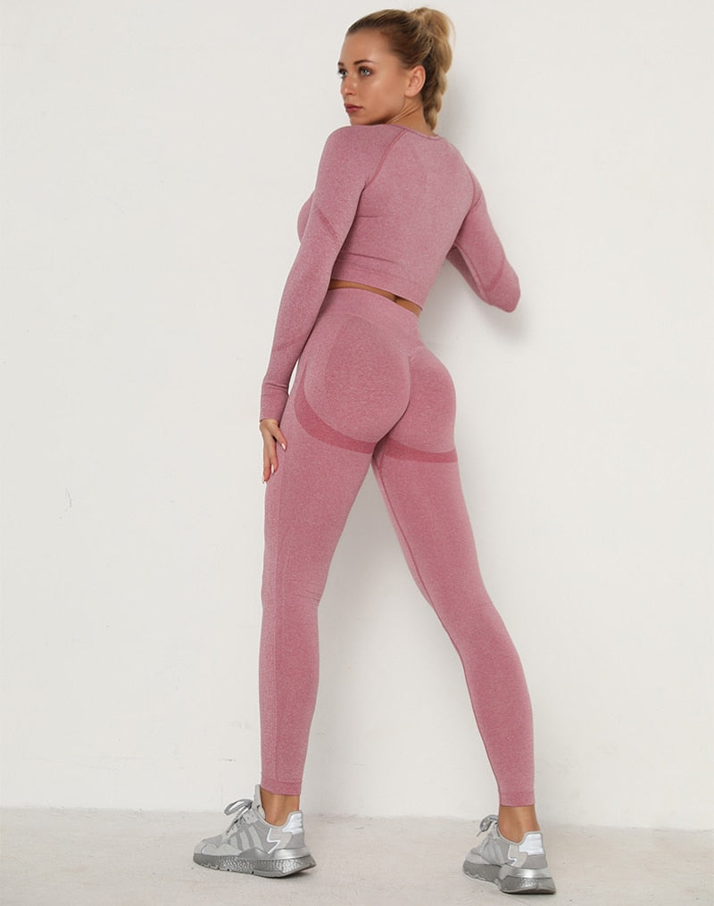 2pcs Yoga Set Women Long Sleeve Shirts Active Tracksuit Sport Suits Workout Clothes Gym Fitness Crop Top + Push Up Leggings | Vimost Shop.