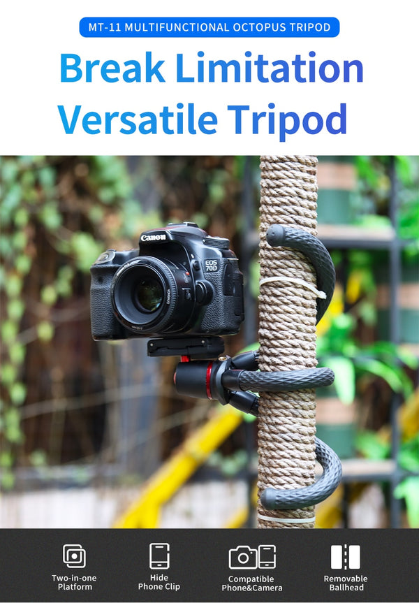 MT-11Flexible Octopus Tripod Smartphone DSLR SLR Vlog Tripod Travel Portable 2 in 1 Tripod Extend 1/4 Screw for Magic Arm | Vimost Shop.