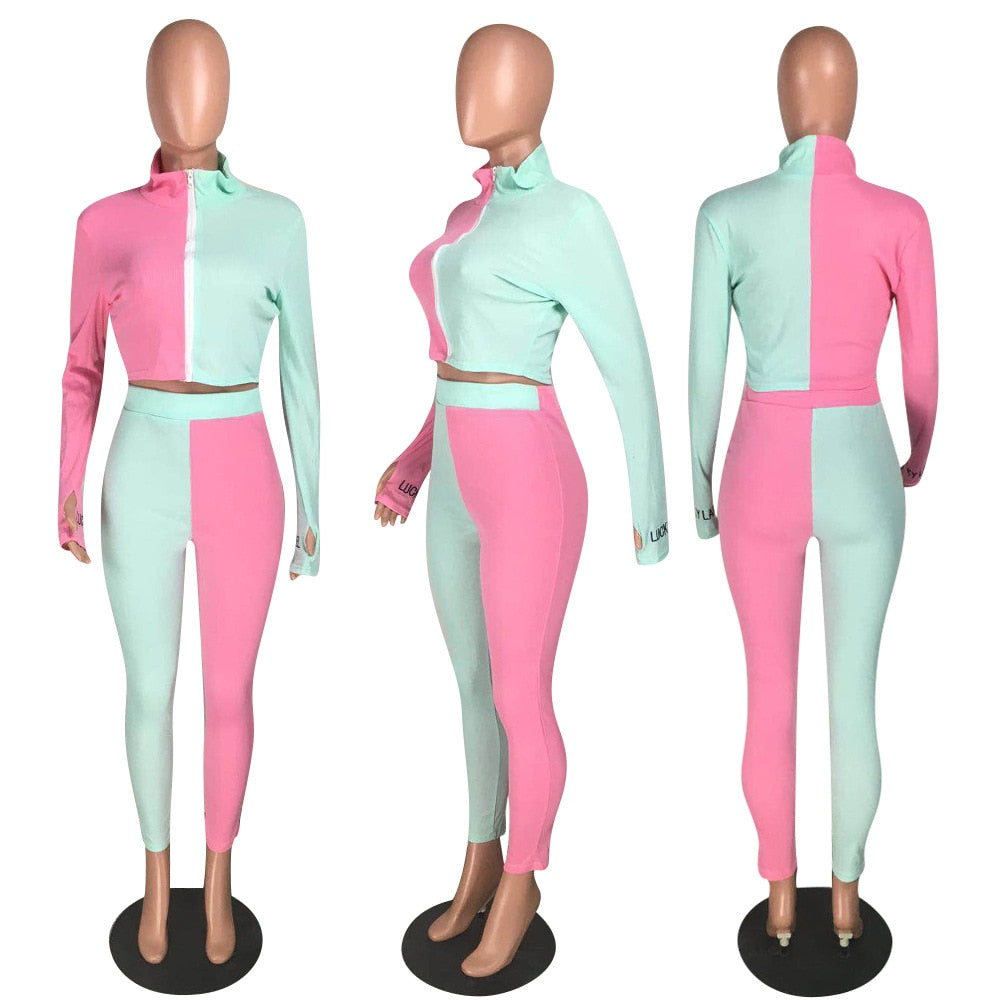 Autumn Ribbing Sports Two Piece Set Color Patchwork Long Sleeve Zipper Crop Top Pants Tracksuit Gym Running Fitness Outdoor Suit | Vimost Shop.