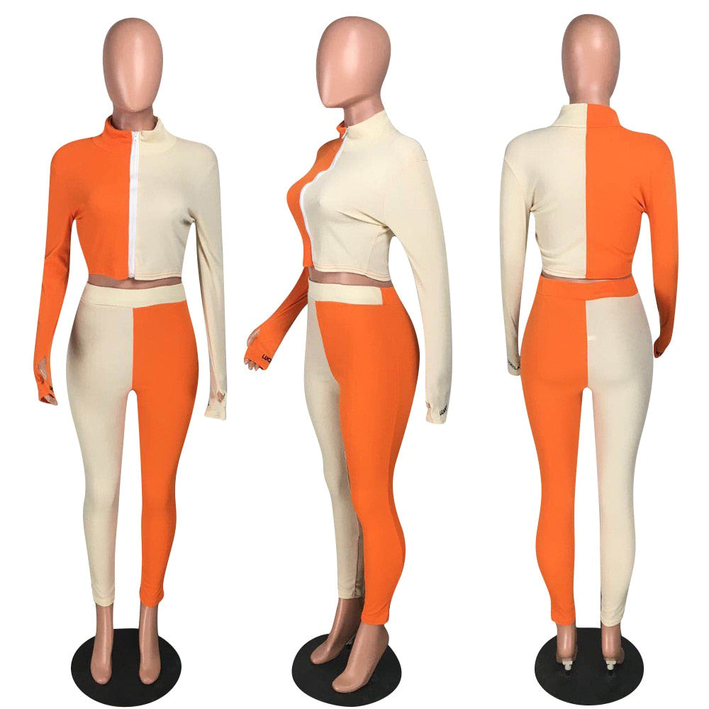 Autumn Ribbing Sports Two Piece Set Color Patchwork Long Sleeve Zipper Crop Top Pants Tracksuit Gym Running Fitness Outdoor Suit | Vimost Shop.