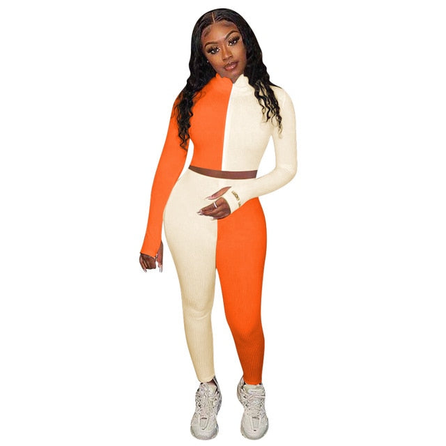 Autumn Ribbing Sports Two Piece Set Color Patchwork Long Sleeve Zipper Crop Top Pants Tracksuit Gym Running Fitness Outdoor Suit | Vimost Shop.