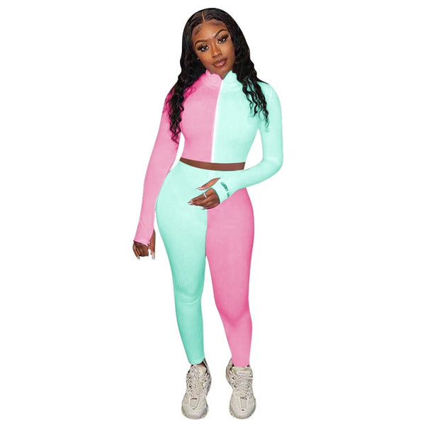 Autumn Ribbing Sports Two Piece Set Color Patchwork Long Sleeve Zipper Crop Top Pants Tracksuit Gym Running Fitness Outdoor Suit | Vimost Shop.