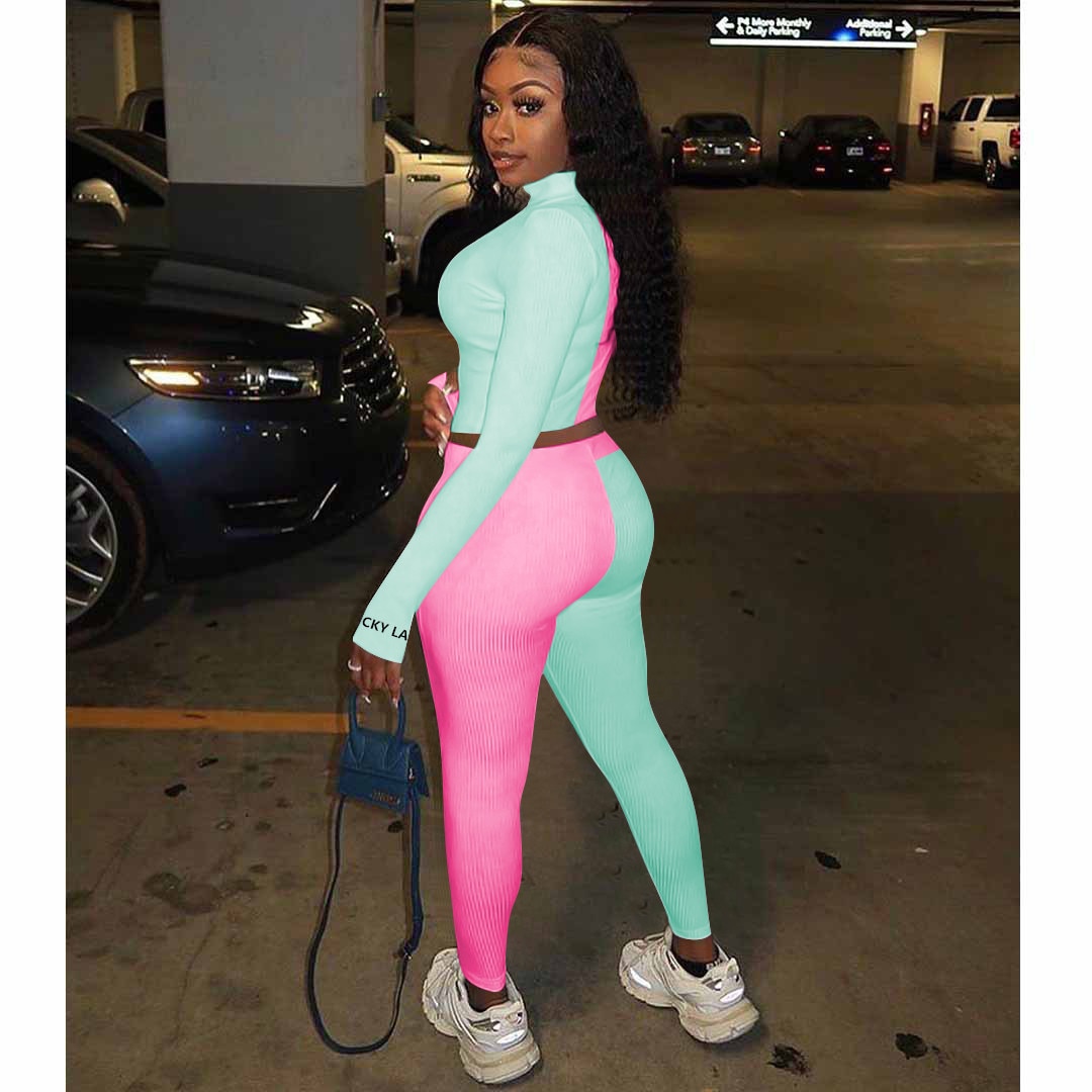 Autumn Ribbing Sports Two Piece Set Color Patchwork Long Sleeve Zipper Crop Top Pants Tracksuit Gym Running Fitness Outdoor Suit | Vimost Shop.